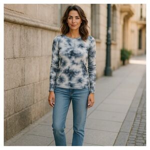 VS PINK Ruched Long Sleeve Thermal Tie Dye Blue & White